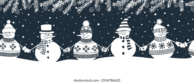 Snowmen Holding Hands. Winter Seamless Border. Christmas Background. Different Snowmen in Winter Clothes Under Fir Branches with Cones. Greeting Card Template. Vector illustration in Dark Blue, White