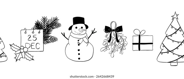 snowmen, holly, christmas tree, present Seamless horizontal border. Vector graphic line ink illustration. For poster, invitation, backdrop, ad, sale promotion, print for t-shirt