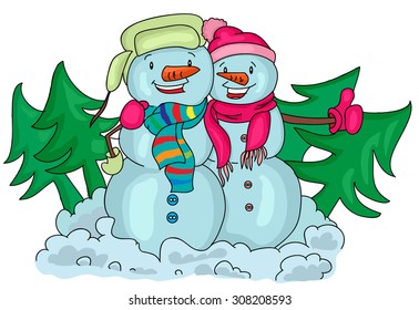 snowmen hugging postcard to a new year