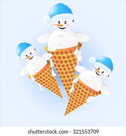 Snowmen in ice cream cones. Santa's cap. Vector illustration.