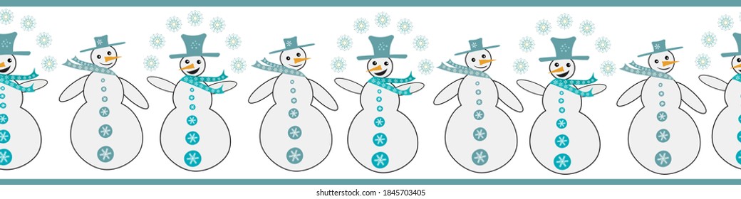 Snowmen Juggling Snowflakes Seamless Vector Border. Fun Banner With Snowmen Dressed In Blue Hats And Scarves, Smiling And Laughing. Hand Drawn Happy Illustration For Winter Concept Ribbon, Edging
