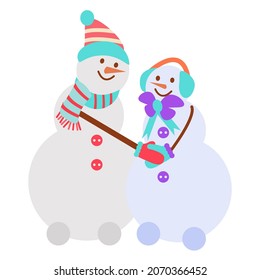 Snowmen in love. Christmas banner. Vector illustration in a flat cartoon style