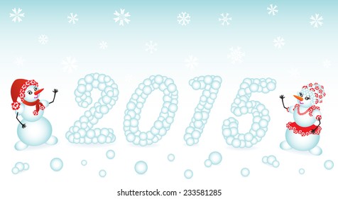 Snowmen on the background of snow and glued snowballs digits 2015