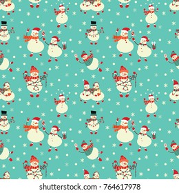 Snowmen on a blue background with snowflakes and snow. Vector illustration. Seamless. Pattern.