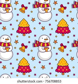 Snowmen on blue winter background. Seamless vector pattern.