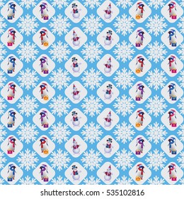 Snowmen, penguins and snowflakes. Seamless pattern. Design for textile, wrapping paper for gifts