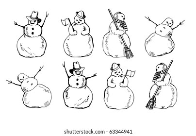 Snowmen planimetric with brooms in a hat and a scarf in various poses