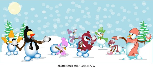 snowmen playing snowballs, vector illustration, cartoon snowmen throwing snowballs