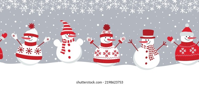 snowmen rejoice in winter holidays. Seamless border. Christmas background. Five different snowmen in red winter clothes under the snow. template for a greeting card. Vector illustration