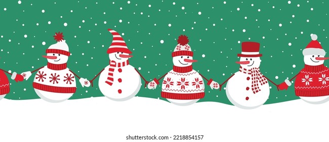 Snowmen rejoice in winter holidays. Seamless border. Christmas background. Different snowmen in red winter clothes holding hands. template for greeting card. Vector illustration on green background