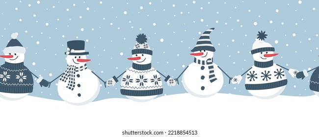 snowmen rejoice in winter holidays. Seamless border. Christmas background.  different snowmen in blue winter clothes holding hands. Vector illustration