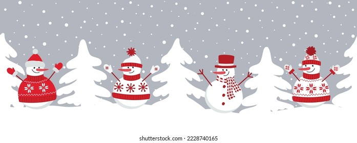 snowmen rejoice in winter holidays. Seamless border. Christmas background. Four different snowmen in red winter clothes and fir trees. template for greeting card. Vector illustration