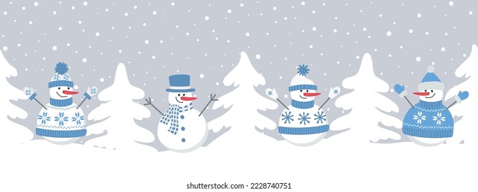 snowmen rejoice in winter holidays. Seamless border. Christmas background. Four different snowmen in blue winter clothes and fir trees. template for greeting card. Vector illustration