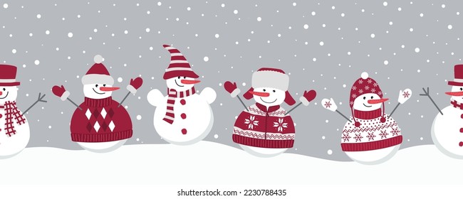 snowmen rejoice in winter holidays. Seamless border. Christmas background. Five different snowmen in red winter clothes under snow. Vector illustration