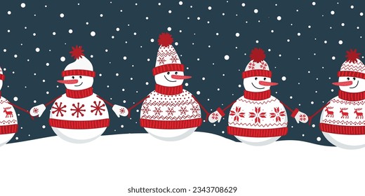 Snowmen rejoice in winter holidays. Seamless border. Christmas background. Different snowmen in red winter clothes holding hands. template for greeting card. Vector image on dark blue background