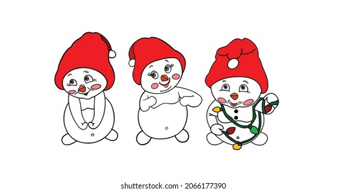 Snowmen Santa Bundle Cartoon Vector Clipart, New Year's Snowman with Garland, Christmas Snowmen Cutting file, Xmas Snowman, Snowman Doodle Clipart