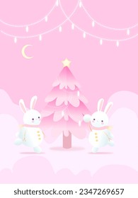 Snowmen Santa  and Christmas tree, big Christmas and New Year card. Kawaii funny cartoon characters with different emotions and situations. Isolated vector illustration