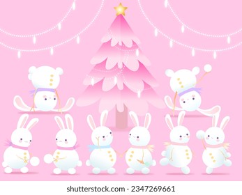 Snowmen Santa  and Christmas tree, big Christmas and New Year card. Kawaii funny cartoon characters with different emotions and situations. Isolated vector illustration