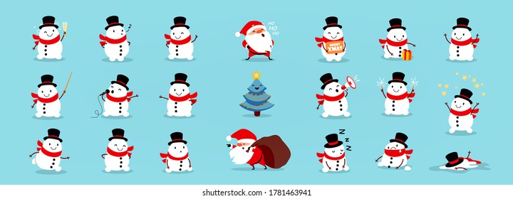 Snowmen Santa Claus and Christmas tree, big Christmas and New Year set. Large collection of funny cartoon characters with different emotions and situations. Isolated vector illustration