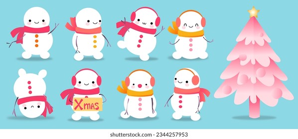 Snowmen Santa Claus and Christmas tree, big Christmas and New Year set. Large collection of funny cartoon characters with different emotions and situations. Isolated vector illustration