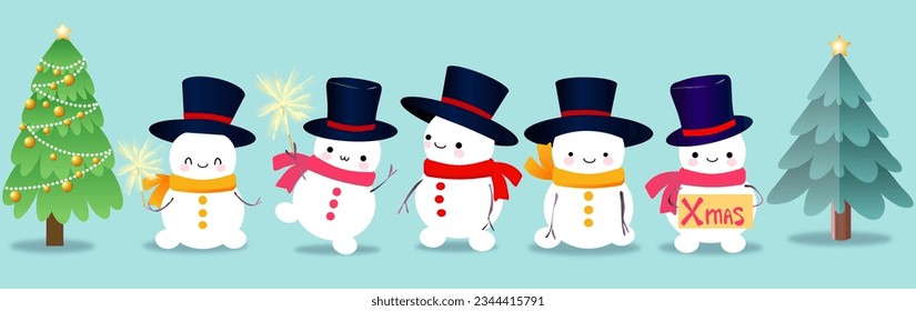 Snowmen Santa Claus and Christmas tree, big Christmas and New Year set. Large collection of funny cartoon characters with different emotions and situations. Isolated vector illustration