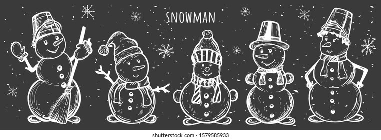 snowmen. Snowmen in a Santa Claus hat, with a bucket on his head, with a broom. Vector graphics. sketch