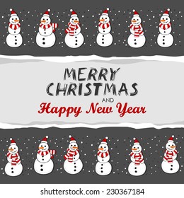 snowmen in Santa Claus hats Christmas winter holidays horizontal card with torn paper and Christmas wishes in English on dark background