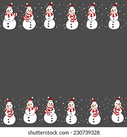 Snowmen in Santa Claus hats Christmas winter holidays seamless double horizontal border on dark background