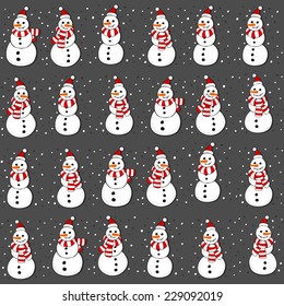 Snowmen in Santa Claus hats in regular horizontal rows Christmas winter holidays seamless pattern on dark background