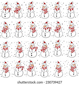 Snowmen in Santa Claus hats in regular horizontal rows Christmas winter holidays seamless pattern on white background
