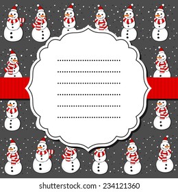 Snowmen in Santa Claus hats in regular horizontal rows  Christmas winter holidays seamless pattern on dark background with blank retro frame and ribbon greeting card