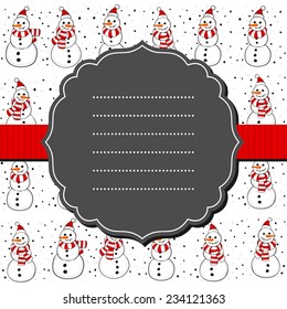 Snowmen in Santa Claus hats in regular horizontal rows Christmas winter holidays seamless pattern on white background with blank retro frame and ribbon greeting card