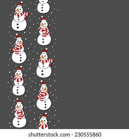 Snowmen in Santa Claus hats vertical border Christmas winter holidays seamless pattern on dark background