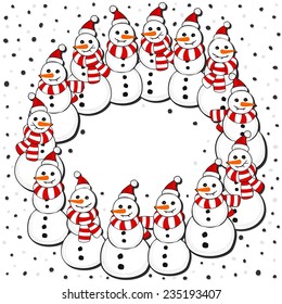 Snowmen in Santa Claus hats wreath Christmas winter holidays card illustration on white background