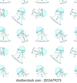 Snowmen seamless cute pattern. New Year's pattern, gift wrapping. Vector graphics.