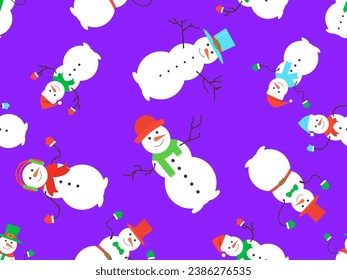 Snowmen seamless pattern. Snowmen dressed in hats, scarves, mittens, ties, headphones and bow tie for suit. Snowman made of three snow balls. Xmas design for banner and poster. Vector illustration