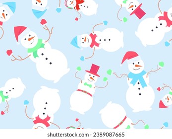 Snowmen seamless pattern. Snowmen dressed in hats, scarves, mittens, headphones and bow tie for suit. Snowman made of three snow balls. Xmas design for banner and poster. Vector illustration