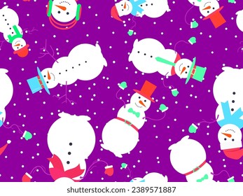 Snowmen seamless pattern. Snowmen dressed in hats, scarves, mittens, ties, headphones and bow tie for suit. Snowman made of three snow balls. Xmas design for banner and poster. Vector illustration
