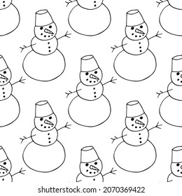 snowmen seamless pattern hand drawn doodle. vector, scandinavian, nordic, minimalism, monochrome. wrapping paper, textile, background winter holiday christmas new year