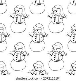 snowmen seamless pattern hand drawn doodle. vector, scandinavian, nordic, minimalism, monochrome. wrapping paper, textile, background winter holiday christmas new year