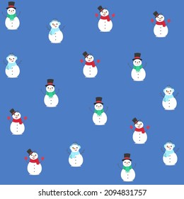 Snowmen seamless pattern on dark blue background
