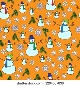 Snowmen seamless pattern on orange background with snowflakes