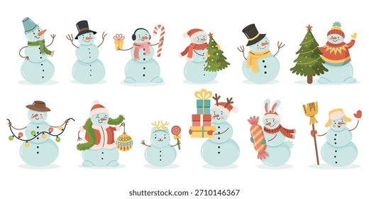 Snowmen set. Bright characters with emotions and festive details. Perfect for New Year design, kids projects and winter decor.Vector cartoon illustration