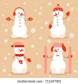 Snowmen, set of icons. Funny cute snowmen in winter clothes and snowflakes. Vector illustration.