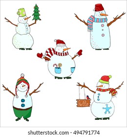 snowmen set on white background, isolated snowman for christmas design