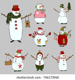 Snowmen set on white background, isolated snowman for christmas design