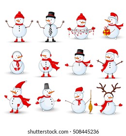 Snowmen set on a white isolated background.