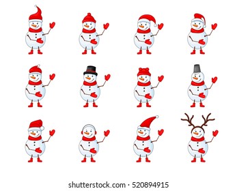 Snowmen set on a white isolated background.