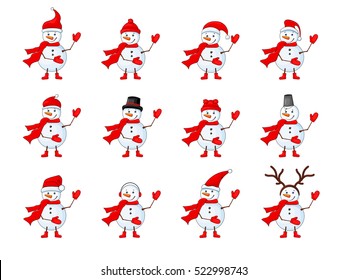 Snowmen set on a white isolated background.