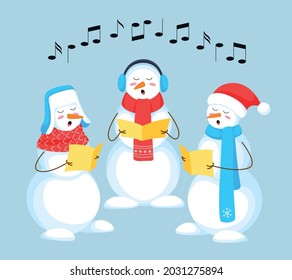 Snowmen singing Christmas carols. Snowman greeting. Funny snowmans. Cartoon vector set. Vector illustration for Christmas design.